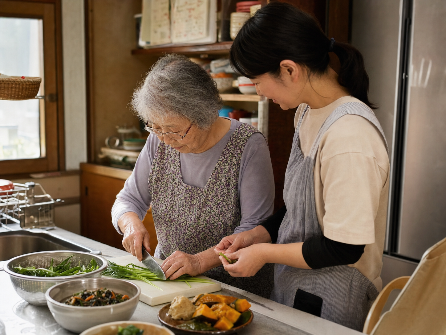 日本のキッチンで食事づくりを支援する様子